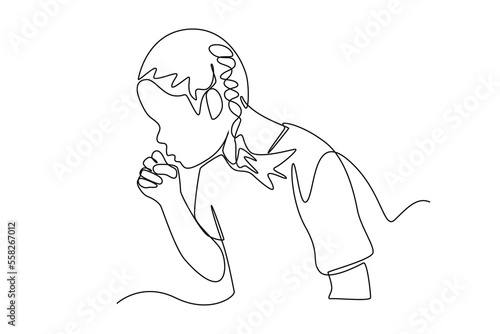 Continuous one line drawing Sick little girl with cough. Healthcare concept. Single line draw design vector graphic illustration.