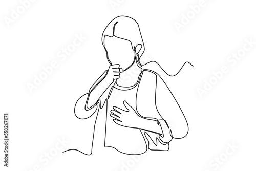 Continuous one line drawing Sick little girl with cough. Healthcare concept. Single line draw design vector graphic illustration.