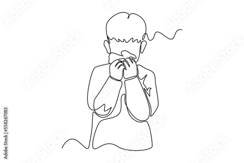 Continuous one line drawing Little boy blowing nose into tissue paper. Healthcare concept. Single line draw design vector graphic illustration.