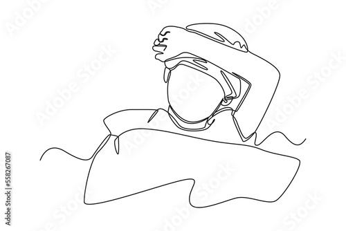 Continuous one line drawing little boy high fever with towel over his head. Healthcare concept. Single line draw design vector graphic illustration.