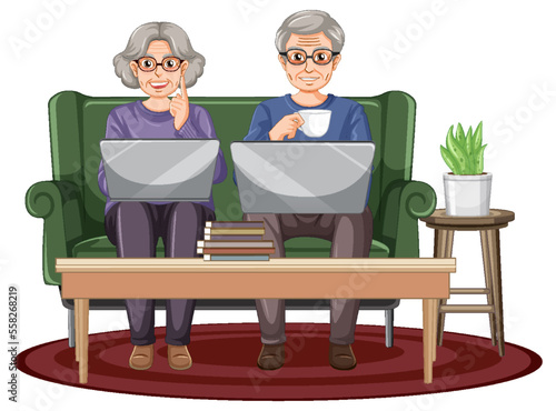 Senior couple using laptop at home