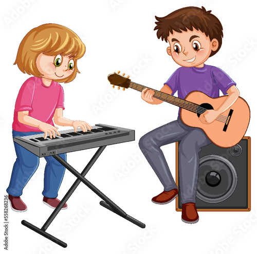 Two kids playing music instrument