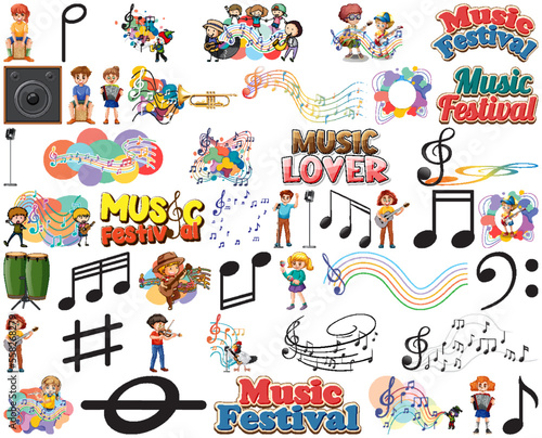 Kids musical instruments and music symbols set