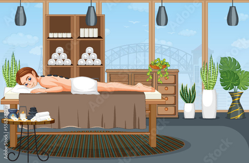Woman getting hot stone massage spa