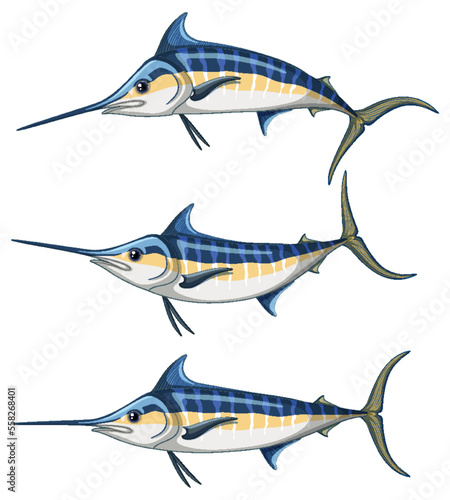 Blue marlin fish cartoon character in different poses