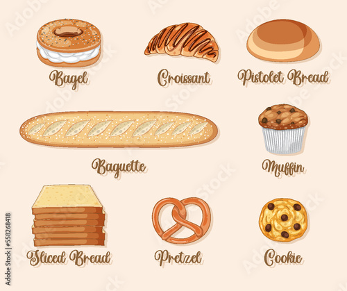 Set of bread and pastry bakery products