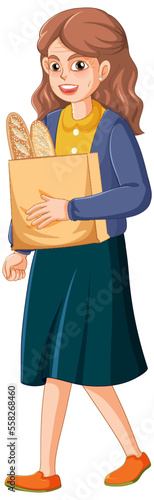 A woman shopping bread cartoon character