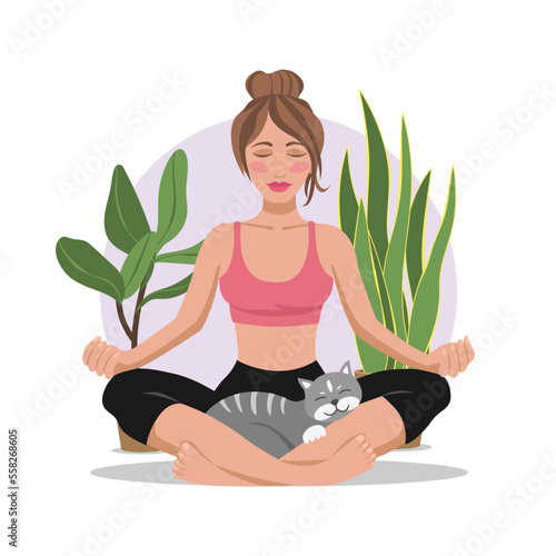 Calm brunette woman doing yoga lotus position with a cat. Meditation practice at home. Vector illustration isolated on white background.