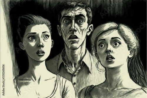 A Drawing Sketch of a Group of Scared People iin Fear or Panic, in Black and White. photo