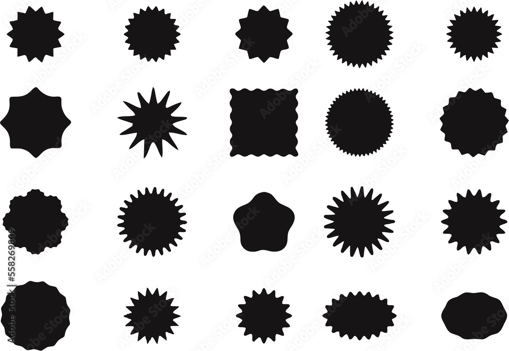 Set of Starburst stickers, labels, icon. Black star price tag or quality mark badge isolated on white background. Sunburst sale banners illustration.