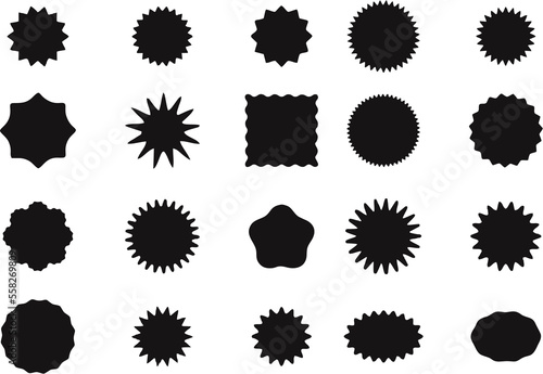 Set of Starburst stickers, labels, icon. Black star price tag or quality mark badge isolated on white background. Sunburst sale banners illustration.