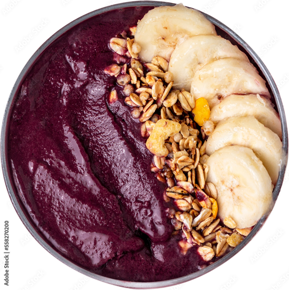 Brazilian acai bowl with banana and granola isolated on transparent ...