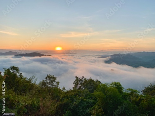 Beautiful sunrise on the Mekong River and mist at Phu Huay Isan  Nong Khai Province  Thailand