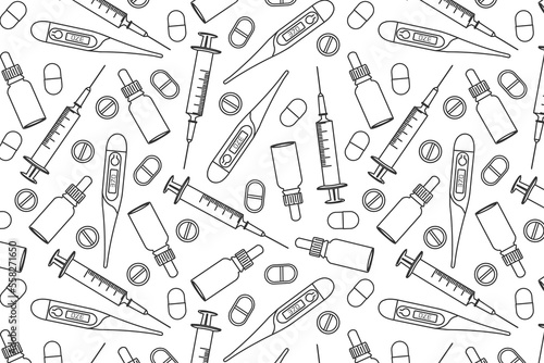 doodle pattern with medical devices, pills, background for a pharmaceutical company, poster, jar for a pharmacy with a syringe, thermometer, bottle, pills on a white background