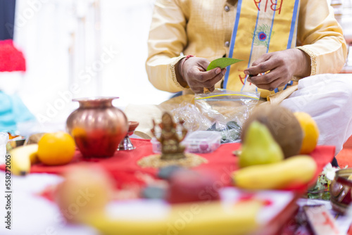 Indian Hindu wedding ritual items close up