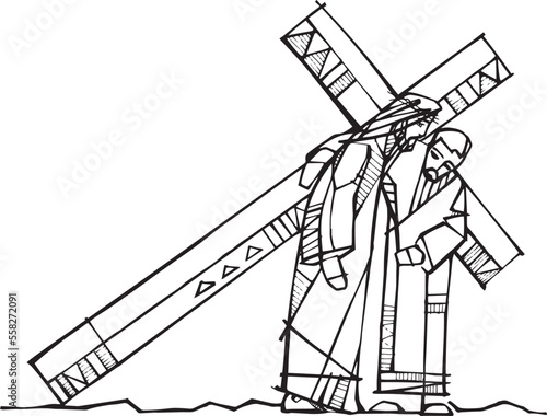 Hand drawn illustration of Cyrene helping Jesus.
