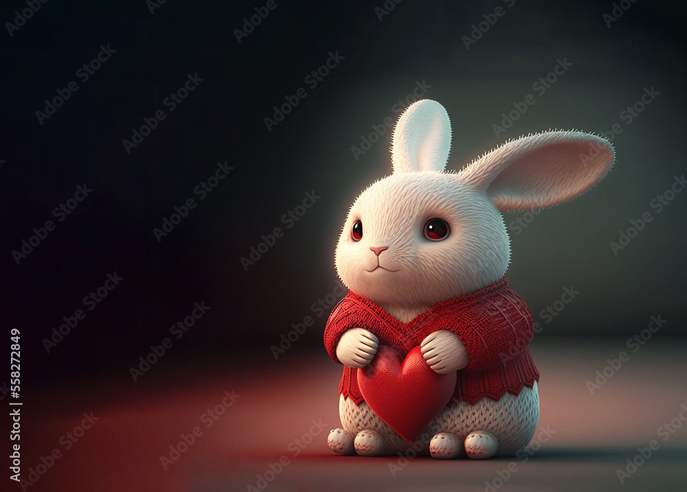 Fototapeta premium Cute bunny with heart, Rabbit with love symbols for Valentine's day, Cartoon character bunny, Generative AI.