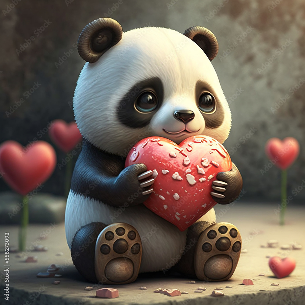Cute panda with heart in hands, Panda with love symbols for Valentine's  day, Cartoon character panda, Generative AI. Stock Illustration | Adobe  Stock