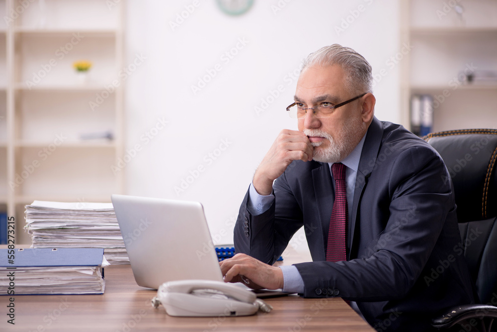 Old male boss working at workplace Old male boss working at workplace