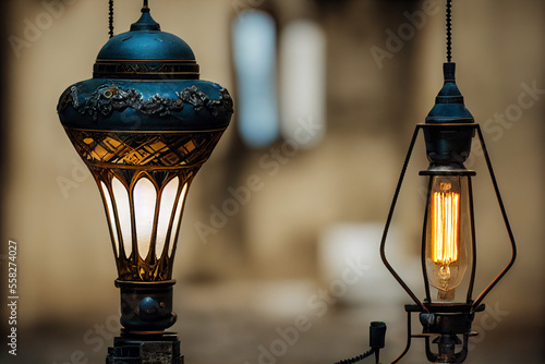 two beautiful stylish loft old vintage lamps, generative AI