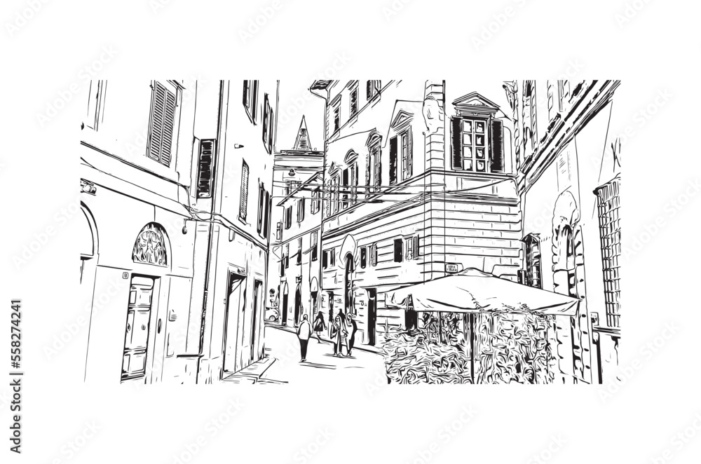 Building view with landmark of Pistoia is a city in Italy. Hand drawn sketch illustration in vector.