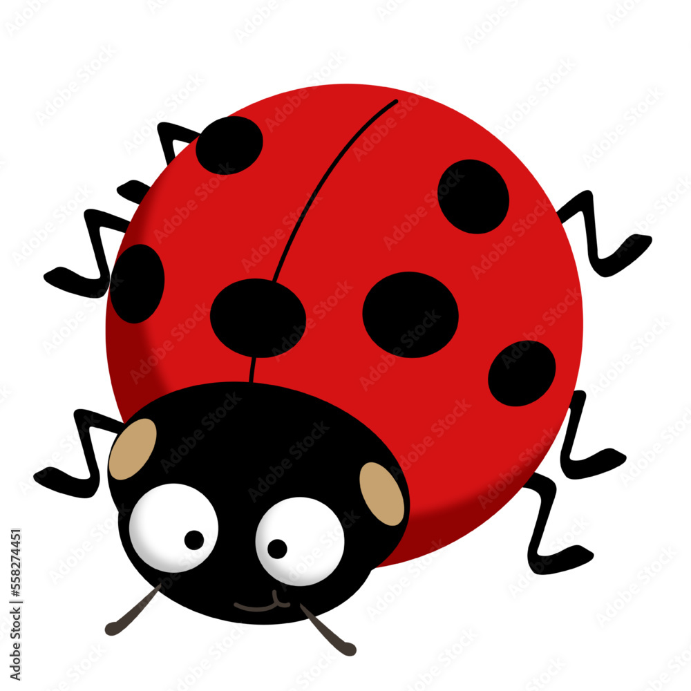 Fototapeta premium Small red funny cute lady bug with big eyes and smile