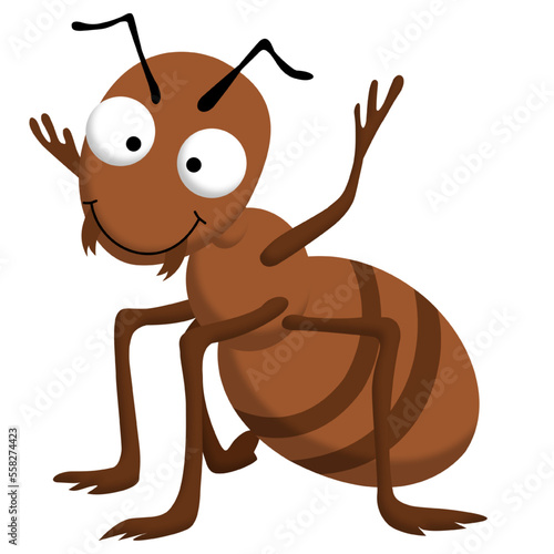 Small brown funny cute ant with big eyes and smile