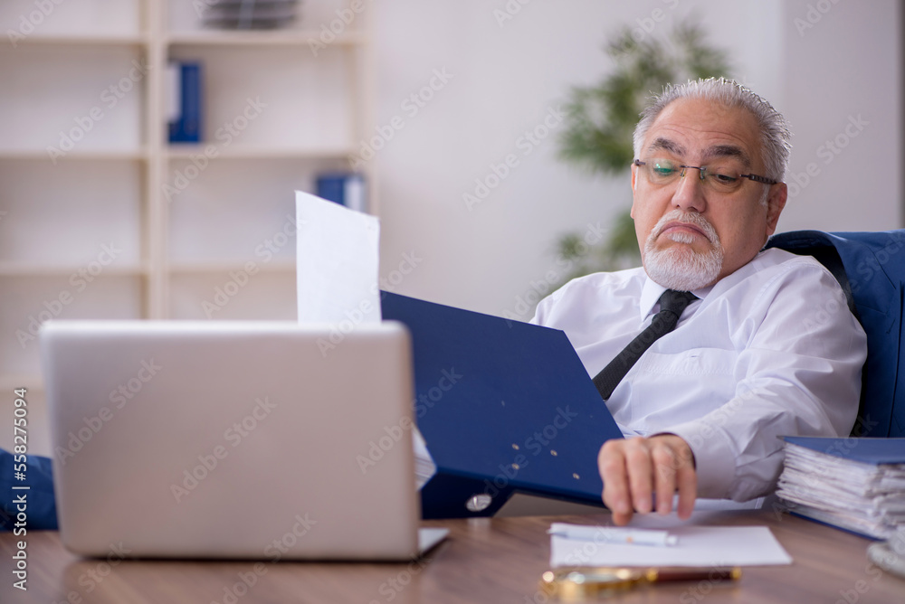 Old male employee working in the office Old male employee working in the office