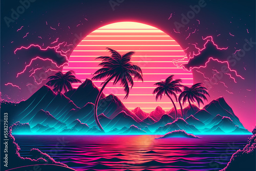 Synthase sunset, landscape with palm trees, 80's retro synthase color design ocean wave, generative ai.