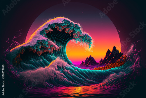 Synthwave sunset, landscape, 80's retro synthwave color design ocean wave, generative ai.