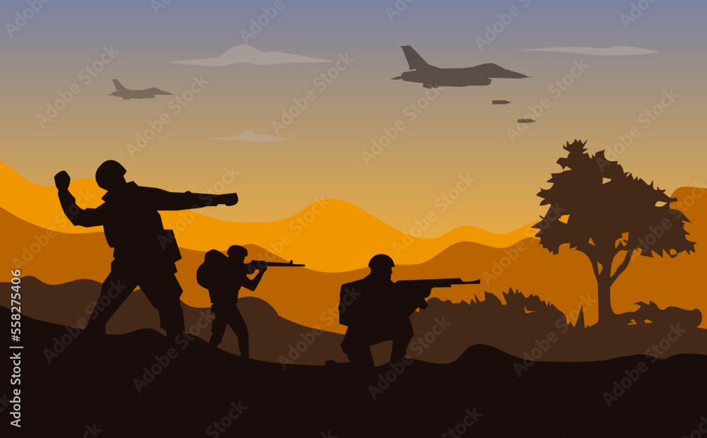 War military vector illustration, army background, soldier silhouette, Artillery, Cavalry, warplane.