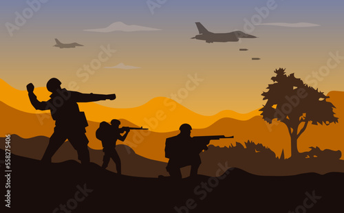 War military vector illustration, army background, soldier silhouette, Artillery, Cavalry, warplane.