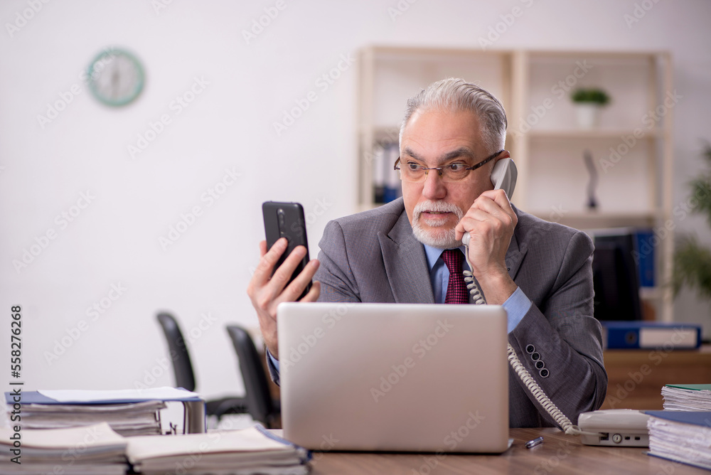Old male boss employee working in the office Old male boss employee working in the office