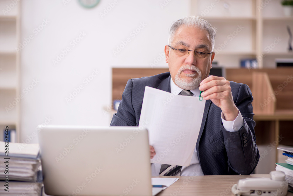 Old male boss employee working in the office Old male boss employee working in the office
