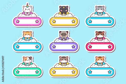 Cute baby cat animals cartoon label name sticker hand drawn style with frame rainbow
