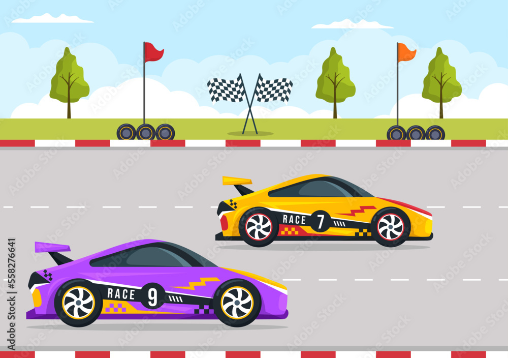 Formula Racing Sport Car Reach on Race Circuit the Finish Line Cartoon Illustration to Win the Championship in Flat Style Hand Drawn Templates Design