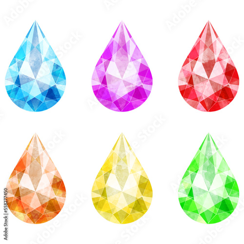 ペアシェイプブリリアントカットのジュエリー水彩イラストセット素材
