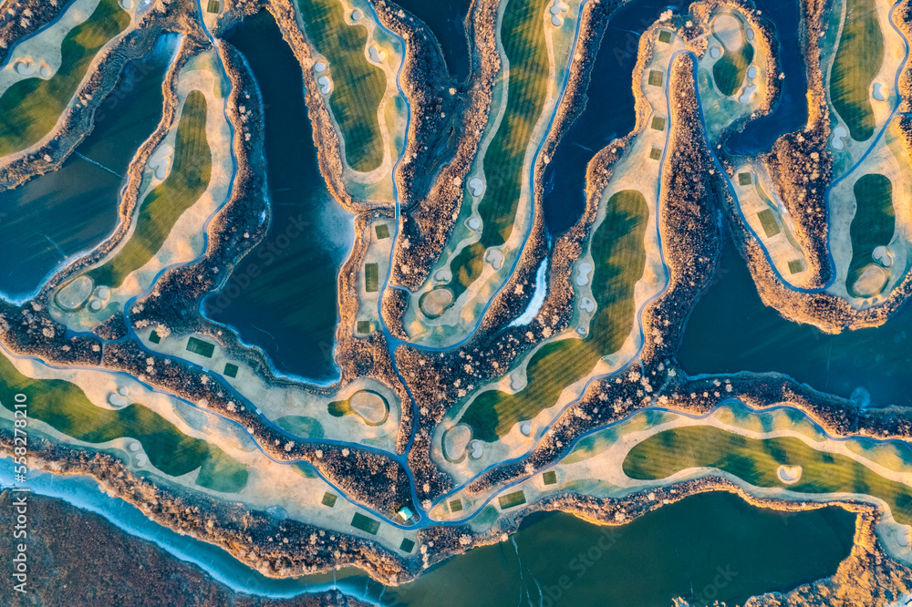 Aerial view of the golf course in winter