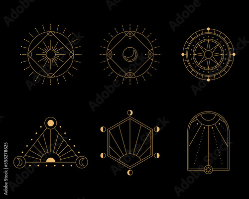 Set of moon and sun line art. Minimal boho linear symbols. Celestial mystic element. Vector line art illustration.