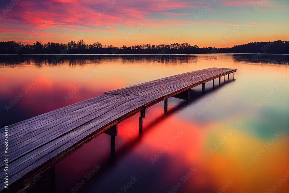 Fototapeta premium colorfull wooden pier on a lake that is totally calm during sunset