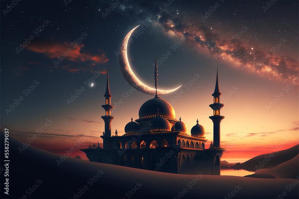 Mosque and crescent moon. Idul adha. Eid al-Adha. Ramadan. eid mubarak. Islam religion wallpaper background. Generative AI.