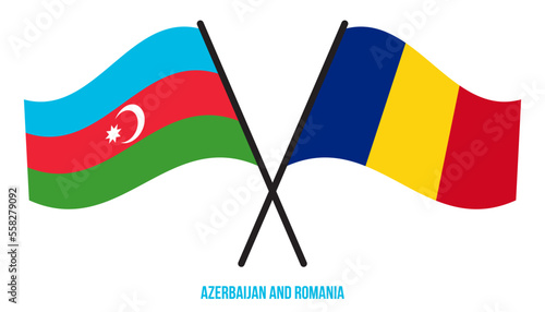 Azerbaijan and Romania Flags Crossed And Waving Flat Style. Official Proportion. Correct Colors.