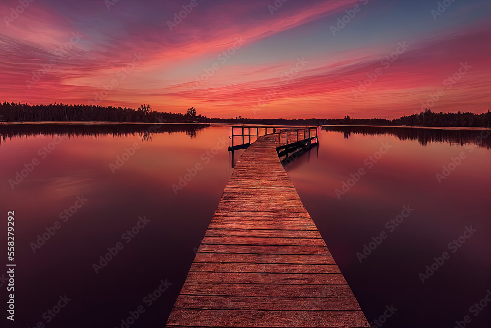 colorfull wooden pier on a lake that is totally calm during sunset