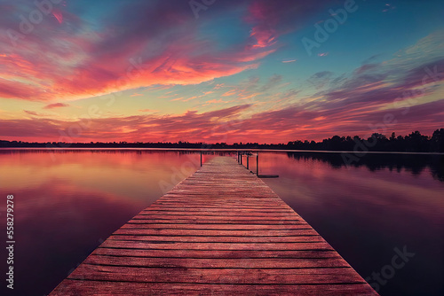 Fototapeta Naklejka Na Ścianę i Meble -  colorfull wooden pier on a lake that is totally calm during sunset