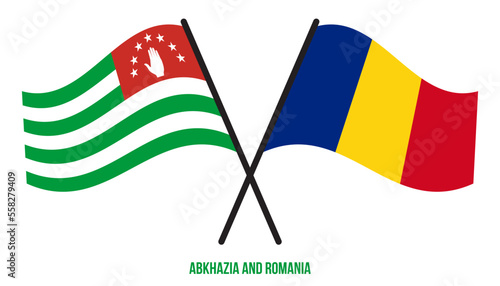 Abkhazia and Romania Flags Crossed And Waving Flat Style. Official Proportion. Correct Colors.