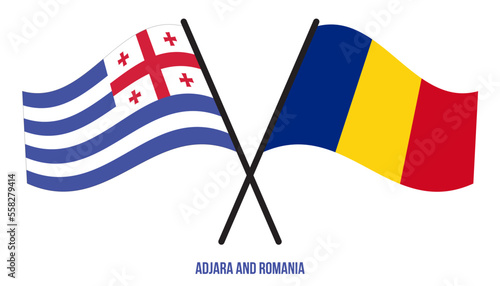 Adjara and Romania Flags Crossed And Waving Flat Style. Official Proportion. Correct Colors.