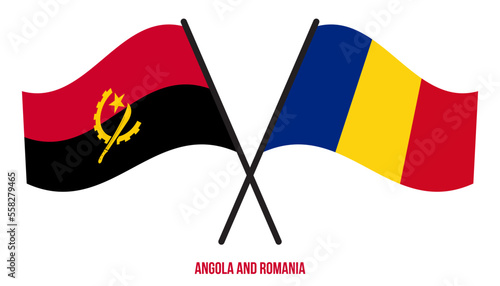 Angola and Romania Flags Crossed And Waving Flat Style. Official Proportion. Correct Colors.