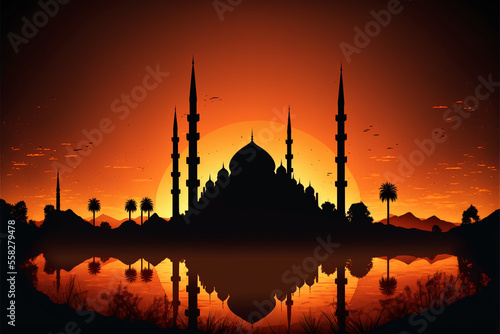 Muslim islamic mosque. Idul adha. Eid al-Adha. Ramadan. eid mubarak. Islam religion wallpaper background. Generative AI.