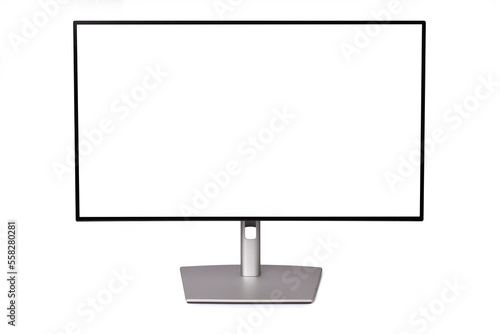 Computer monitor display with blank white screen front view isolated on white background with clipping path.