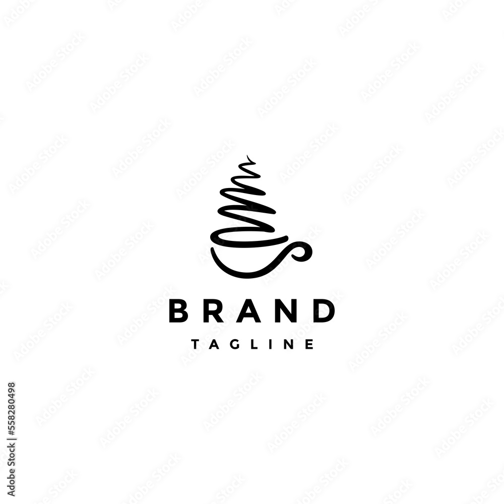 Abstract Pine Tree Coffee Logo Design. Pine Tree And Coffee Cup Symbol In One Continuous Line Abstract Logo Design.